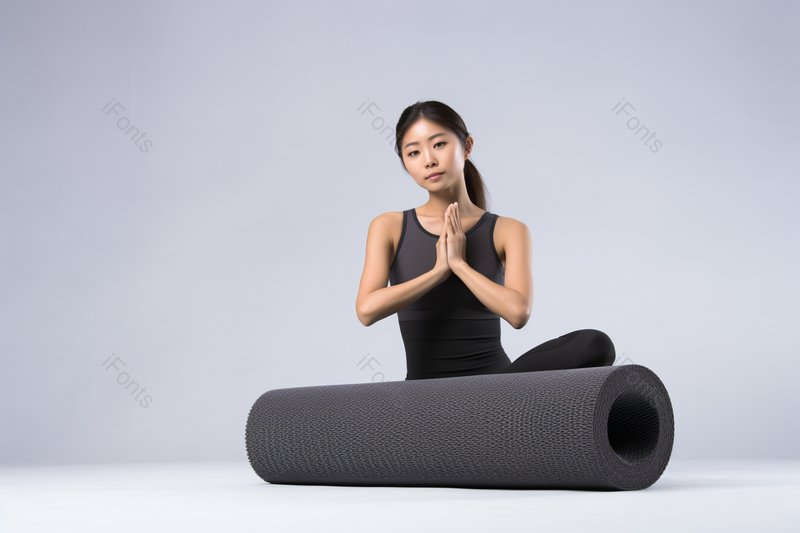 黑衣女性拿着黑色瑜伽垫准备做瑜伽运动训练健身实拍,高清,摄影图,摄影图片,图片大全,摄影图免费下载